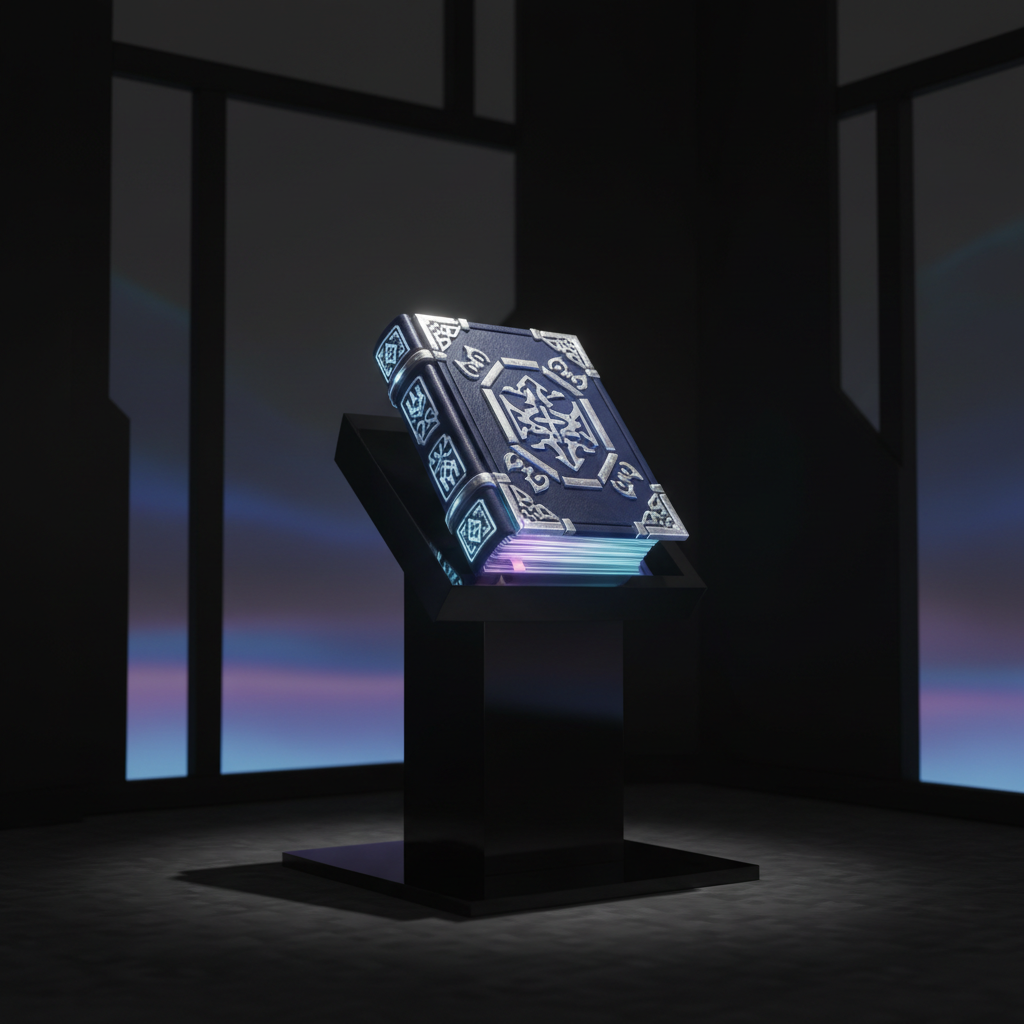 A rare Minecraft enchanted book with intricate, silver-embossed detailing resting on a minimalist obsidian pedestal in a monochrome animated display zone. The book’s leather binding and glowing enchantment glyphs are rendered with realistic texture and subtle luminescence, while the setting is framed by geometric black panels and a faint, animated gradient background. Soft, directional spotlighting accentuates the book’s gleaming highlights and throws a crisp shadow behind the pedestal, creating an air of sophistication and mystery. Photographed with a shallow depth of field and dynamic asymmetrical framing, the art style is clean and refined, enhancing the book’s allure for serious stash collectors.