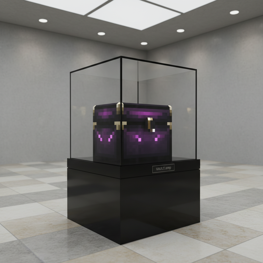An elegant Minecraft ender chest rendered in high detail with a subtle metallic sheen and polished monochrome textures, positioned at the center of a sleek, black glass display case. The exhibition room has refined stone tile flooring and bare, light grey walls, illuminated by soft, cool studio lighting from above that casts delicate shadows and accentuates subtle surface textures. The atmosphere is calm and luxurious, captured with a low, eye-level perspective and rule-of-thirds composition. The image uses a photographic, minimally adorned aesthetic to underscore the stash's uniqueness and exclusivity for the Vault.smp showroom.
