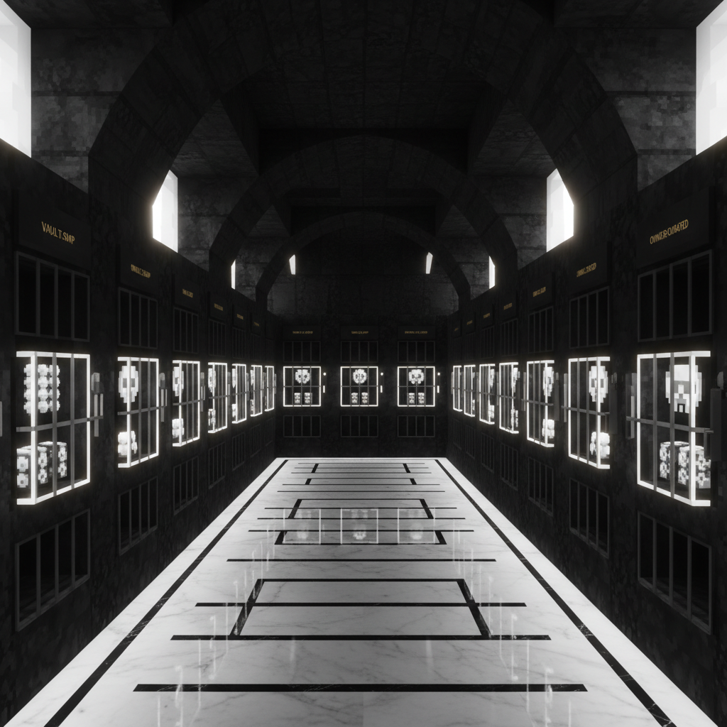 A detailed view of a Minecraft stash room interior lined with symmetrical, black stone lockers and item frames containing monochrome treasures, all housed within an elegant, high-ceiling vault chamber. The space is immaculately organized with subtle marble flooring and minimalist signage, under dramatic side lighting that creates interplays of light and shadow across the vault’s textured surfaces and sharp architectural lines. The atmosphere radiates exclusivity and control, with a precise, wide-angle lens capturing the depth and scale of the stash room. The photographic style is modern and sophisticated, aligning with the Vault.smp site’s premium, owner-curated offerings.