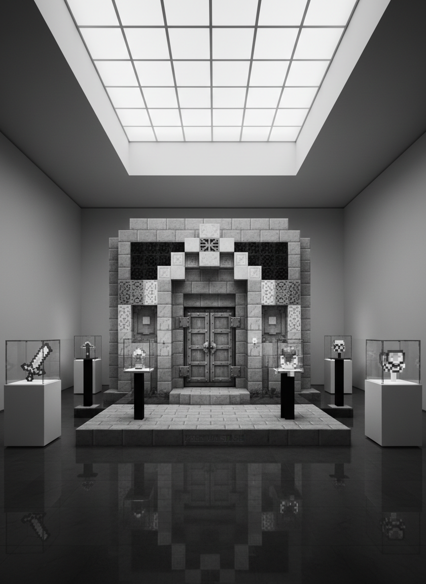 A meticulously constructed Minecraft vault built from smooth, monochrome stone bricks with ornate obsidian accents and an iron-clad vault door, set within a refined, black-and-white animated showroom environment. The vault is showcased atop a polished stone platform, surrounded by minimalist display pedestals and glass cases containing rare in-game items. Diffused overcast lighting streams from an unseen skylight, creating gentle gradients and subtle highlights on surfaces, with soft shadows anchoring the structure. The mood is sophisticated and exclusive, captured from a slightly elevated, centered composition with sharp focus throughout. The overall style is photographic realism merged with elegant, minimalist design, perfectly aligning with the site’s premium stash listing purpose.