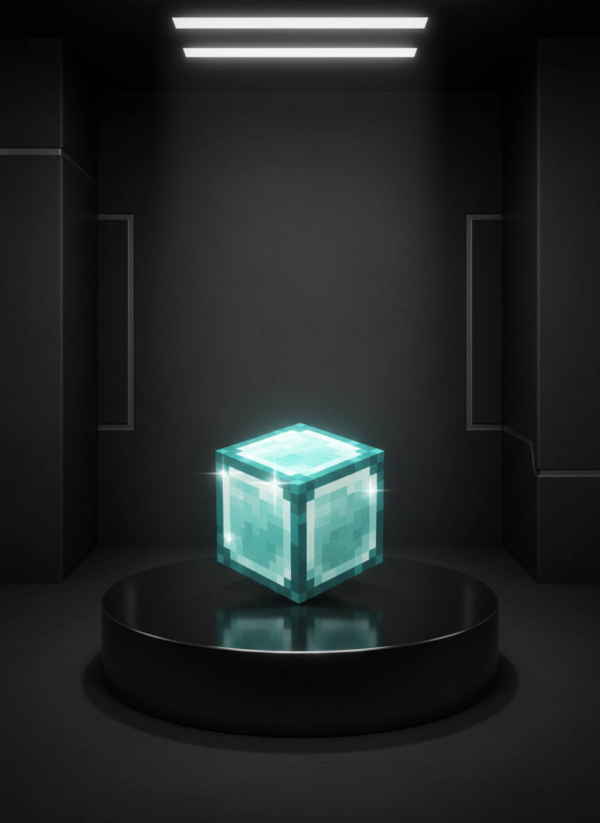 A single, rare Minecraft diamond block displayed atop a circular, polished obsidian plinth within a stark, animated monochrome exhibit alcove. The diamond block is rendered in hyperrealistic detail, its facets catching gentle, diffuse light from overhead strip lighting, producing soft reflections and crisp highlights that shimmer against the muted background. The alcove features smooth, dark walls with minimalist silver accent lines, giving a sense of rarity and protection. The composition is tightly framed and centered, focusing viewer attention solely on the featured block, with a serene, almost meditative mood befitting a high-end stash showcase.